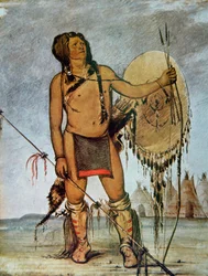 Comanche-soturi kilven, keihään sekä jousen ja nuolten kanssa, n. 1835