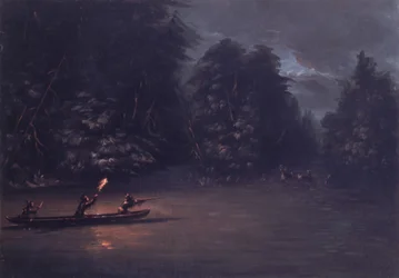 Hirvenmetsästys soihdunvalossa Bark Canoesissa, 1846-1848.