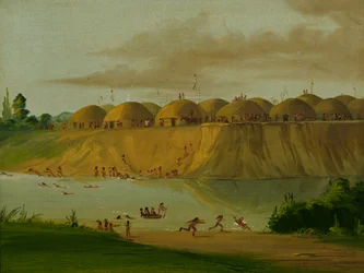 Hidatsan kylä, maan peittämät majat Knife-joen varrella, 1810 mailia St. Louisin yläpuolella, 1832.