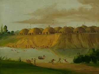 Hidatsa-kylä, maan peittämiä majoja, Knife-joen varrella, 1810 mailia St. Louisin yläpuolella.