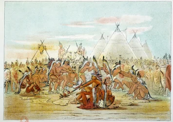 Amerikan intiaanit: Sioux-tanssia muistuttava assiniboin-heimo. Kuvitus George Catlin (1794-1872)