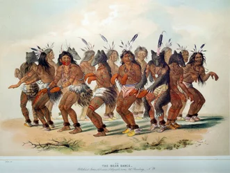 Amerikan intiaanit: Bear Dance, Red Skin -heimon rituaali. Kuvitus George Catlin (1794-1872)