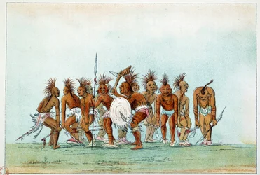 Amerikan intiaanit: Black Hawk -heimon kerjäläistanssia turisteille. Kuvitus George Catlin (1794-1872)