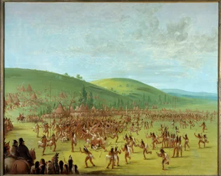 Amerikan intiaanit: "" Pallopeli intiaanien keskuudessa "" George Catlinin (1794-1872) maalaus 1835 Blerancourt, Musee Franco Amerikkalainen - Amerikan alkuperäiskansojen pallopeli. George Catlinin (1794-1872) maalaus