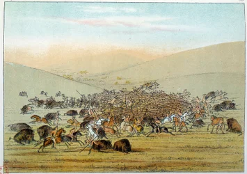 Amerikan intiaanit: Intiaaniminiataarit, jotka metsästävät puhvelia keihäillä. Kuvitus George Catlin (1794-1872)