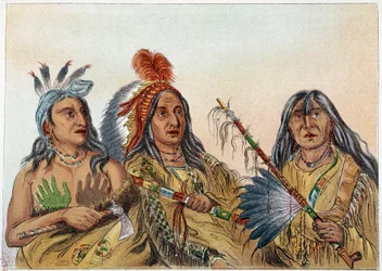 Amerikan intiaanit: Muotokuva Sioux-päälliköistä, joiden kilpailu oli jatkuvaa. Kuvitus George Catlin (1794-1872)