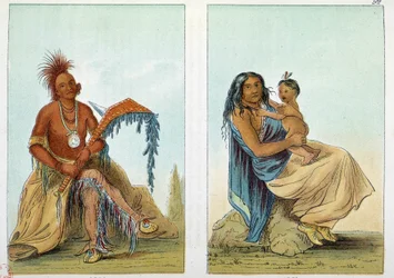 Amerikan intiaanit: Clermont-nimisen osagepäällikön muotokuva vaimonsa ja poikansa kanssa. George Catlinin (1794-1872) kuvitus