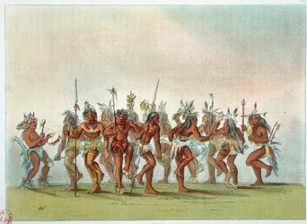 Amerikan intiaanit: tanssi henget siuuksien keskuudessa saadakseen taivaan armon. Kuvitus George Catlin (1794-1872)