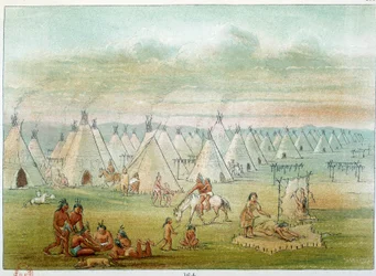 Amerikan intiaanit: kylätalo, teltat on tehty biisoninahoista. Kuvitus George Catlin (1794-1872)