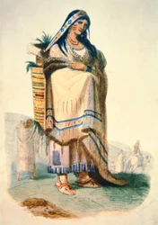 Sioux äiti vauvan kanssa kehtolaudassa (väri litho)