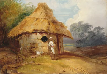 Näkymä Etelä-Intiassa, soturi mökin ulkopuolella, n. 1815