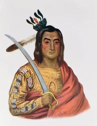 Mou-Ka-Ush-Ka eli "Vapiseva maa", Yankton-siouxien päällikkö, kuvitus Thomas L. McKenneyn ja James Hallin teoksesta "Pohjois-Amerikan intiaaniheimot", julkaisija John Grant