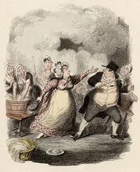 Saattohoidossa herra Bumble vastustaa ankarasti hänen vaimoaan, Madame Corneyta - herra Bumble huonontunut köyhien silmissä - Charles Dickensin (1812-1870) kuvitus "Oliver Twist" (Olivier) (Oliver Twistin seikkailut) , kirjoittanut George Cruikshan