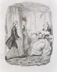Lady Bellastonin hankala tilanne, "Tom Jones, Löytäjän historia", taiteilijan kaiverrus, kuvitus teoksesta "The Works of Henry Fielding", pub. kirjoittanut Henry G. Bohn, 1853