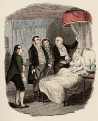 Dr. Losberne näyttää Oliveria Bow Streetin poliiseille - Oliveria odottivat Bow Street Runners - Kuvitus "" Oliver Twist"" (Oliver) (The Adventures of Oliver Twist), kirjoittanut Charles Dickens (1812-1870), kirjoittanut George Cruikshank (1792-1878).