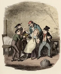 Fagin, Charley Bates, Kikes ja Dawkins reanimant Nancy - herra Fagin ja hänen oppilaansa elvyttämässä Nancya - Kuvitus "" Oliver Twist"" (Oliver) (The Adventures of Oliver Twist), kirjoittanut Charles Dickens (1812-1870), kirjoittanut George Cruikshank ( 1