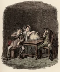 Fagin asioi Morris Bolterin eli Noe Claypolen ja Charlotten kanssa - Juutalainen ja Morris Bolter alkavat ymmärtää toisiaan - Kuvitus Charles Dickensin (1812-1870) teokseen "Oliver Twist" (Olivier) (The Adventures of Oliver Twist), jonka on suomentanut Geo