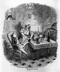 Kuvitus "" Oliver Twist" (Olivier) Charles Dickens (1812-1870), George Cruikshank (1792-1878).