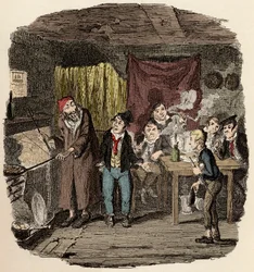 Lontoossa Ketuksi kutsuttu Jack Dawkins esittelee Oliverin Faginille ja tämän rikollisjoukolle - Oliver esitellään kunnianarvoisalle vanhalle herralle - Kuvitus Charles Dickensin (1812-1870) teokseen "Oliver Twist" (Olivier) (Oliver Twistin seikkailut)