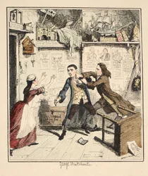 Jack Sheppard esittelee kostonhimoista hahmoa, kuvitus: William Harrison Ainsworthin Jack Sheppard: Romance, julkaistu 1839 (käsinvärinen etsaus)