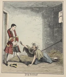 Jack Sheppard vierailee äitinsä luona Bedlamissa, kuvitus artikkelista Jack Sheppard: A Romance, William Harrison Ainsworth, julkaistu 1839 (käsinvärinen etsaus)