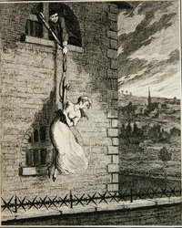 Jack pakenemassa Newgate Wardista vaimonsa Elizabeth Lyonin kanssa, kuvitus William Harrison Ainsworthin julkaisusta "Jack Sheppard: A Romance", julkaistu 1839 (etsaus)