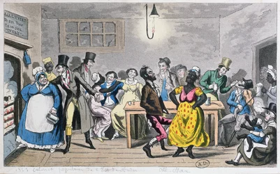 "Lontoon alhaisin elämä: Tom, Jerry ja logiikka luonnon hienostuneiden poikien ja tyttärien joukossa", Pierce Eganin (1772-1849) "Life in London" -kappaleesta, 1821 (värillinen akvatinta)