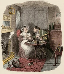 Monsieur Bumble ja rouva Corney nauttivat - herra Bumble ja rouva Corney juomassa teetä - kuvitus "" Oliver Twist"" (Olivier) (Oliver Twistin seikkailut), kirjoittanut Charles Dickens (1812-1870), kirjoittanut George Cruikshank (1792-1878) ) .