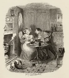 Herra Bumble ja rouva Corney juomassa teetä Charles Dickensin (1812-70) julkaisusta "Oliver Twistin seikkailut" 1838, julkaisija Chapman und Hall, 1901