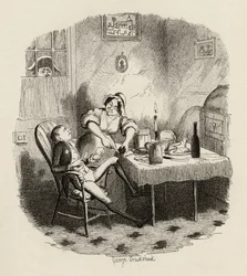 Mr Claypole sellaisena kuin hän esiintyi, kun hänen isäntänsä oli ulkona, Charles Dickensin (1812-70) "Oliver Twistin seikkailuista" 1838, julkaisija Chapman und Hall, 1901
