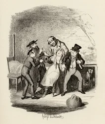Fagin ja hänen oppilaansa toipumassa Nancysta Charles Dickensin (1812-70) 1838:n "Oliver Twistin seikkailuista", julkaisija Chapman und Hall, 1901