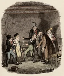 Vanha Fagin ja hänen joukkonsa ottavat Oliver Twistin vastaan - Fagin ja pojat vastaanottavat Oliverin - Kuvitus Charles Dickensin (1812-1870) teokseen "Oliver Twist" (Olivier) (Oliver Twistin seikkailut)