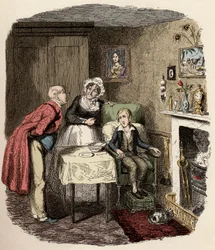 Mr. Brownlow ja hänen taloudenhoitajansa Mrs. Bedwin ottavat Oliverin luokseen ja hoitavat häntä - Oliver toipumassa kuumeesta - kuvitus Charles Dickensin (1812-1870) teokseen "Oliver Twist" (Oliver) ("Oliver Twistin seikkailut"), kuvitus George