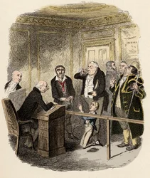 Oliver pyysi lasten tuomaria, ettei hän antaisi hänelle oppisopimuskoulutusta Gamfieldiin, savupiippuun - Oliver pakenee olemasta sidottu lakaisijan oppipoikaksi - Kuvitus Charles Dickensille "Oliver Twist" (Oliver) (Oliver Twistin seikkailut) (1812-1870),