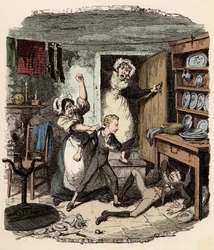 Oliver nostaa hengen - Illustration pour ""Oliver Twist"" (Olivier) (Oliver Twistin seikkailut), Charles Dickens (1812-1870), par George Cruikshank (1792-1878)