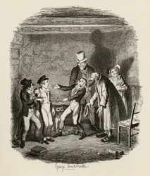 Oliverin vastaanotto Faginilta ja pojilta, Charles Dickensin (1812-70) "Oliver Twistin seikkailuista" 1838, julkaissut Chapman und Hall, 1901