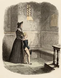 Rose Maylie ja Oliver Agnesin, heidän sisarensa ja äitinsä - Rose Maylien ja Oliverin - muistolaatan edessä - kuvitus Charles Dickensin (1812-1870) "" Oliver Twist"" (Olivier) (Oliver Twistin seikkailut) Kirjailija: George Cruikshank (179