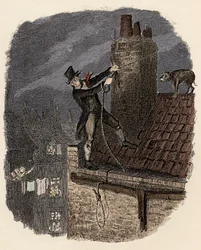 Sikes ja hänen koiransa yrittää paeta - Viimeinen mahdollisuus - Kuvitus "" Oliver Twist"" (Olivier) (Oliver Twistin seikkailut), Charles Dickens (1812-1870), George Cruikshank (1792-1878) .