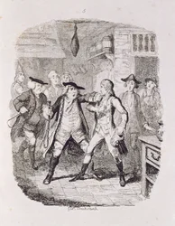 Squire Western Seizing Jones Uptonissa, "Tom Jones, Löytäjän historia", taiteilijan kaivertama, kuvitus teoksesta "The Works of Henry Fielding", pub. kirjoittanut Henry G. Bohn, 1853