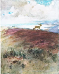 Ilma oli lähellä ja raskasta, kun hän laukaisi alas harjanteelta (väri litho)
