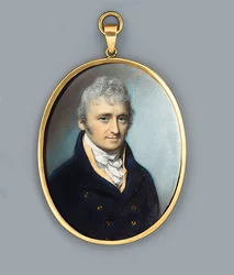 Herra Uthoff, sinisessä takissa kullanvärisillä napeilla, ruskeanvärinen liivi ja solmittu kravatti, jauhetut kiharretut hiukset, 1805