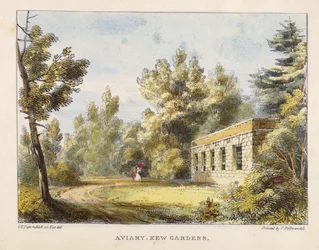 Aviary, Kew Gardens, levy 10 Kew Gardens: A Series of Twenty-Four Drawings on Stone, kaiverrettu Charles Hullmandel (1789-1850), julkaistu 1820 (käsinvärinen litho)