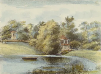 Kiinalainen temppeli ja Eolusin temppeli, Kew Gardens, levy 16 Kew Gardensista: Sarja 24 piirustusta kiveen, kaiverrettu Charles Hullmandel (1789-1850), julkaistu 1820 (käsinvärinen litho)