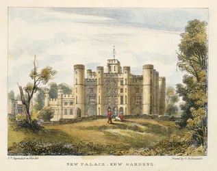 Uusi palatsi, Kew Gardens, levy 1 Kew Gardensista: Sarja 24 piirustusta kiveen, kaivertanut Charles Hullmandel (1789-1850), julkaistu 1820 (käsinvärinen lito)