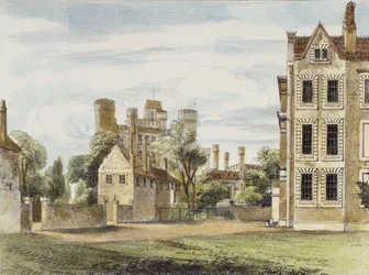 Uusi palatsi, Queens Gardenista, levy 4 Kew Gardensista: Sarja 24 piirustusta kiveen, kaivertanut Charles Hullmandel (1789-1850), julkaistu 1820 (käsinvärinen litho)