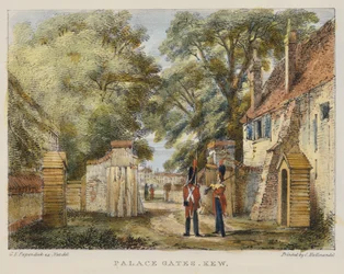 Palace Gates, Kew, levy 3 Kew Gardensista: Sarja 24 piirustusta kiveen, kaivertanut Charles Hullmandel (1789-1850), julkaistu 1820 (käsinvärinen litho)