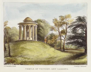 Auringon temppeli, Arboretum, Kew Gardens, levy 20 Kew Gardens: A Series of Twenty-4 Drawings on Stone, kaiverrettu Charles Hullmandel (1789-1850), julkaistu 1820 (käsinvärinen litho)