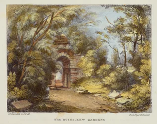 The Ruins, Kew Gardens, levy 15 Kew Gardens: A Series of Twenty-Four Drawings on Stone, kaiverrettu Charles Hullmandel (1789-1850), julkaistu 1820 (käsinvärinen litho)
