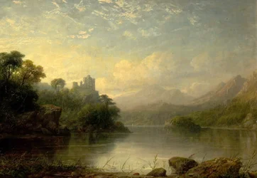 Järvimaisema raunioineen linnan ja vuorten kanssa, 1800-luku