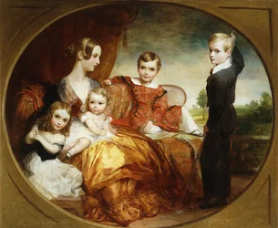 Ryhmämuotokuva naisesta neljän lapsensa kanssa terassilla, 1843